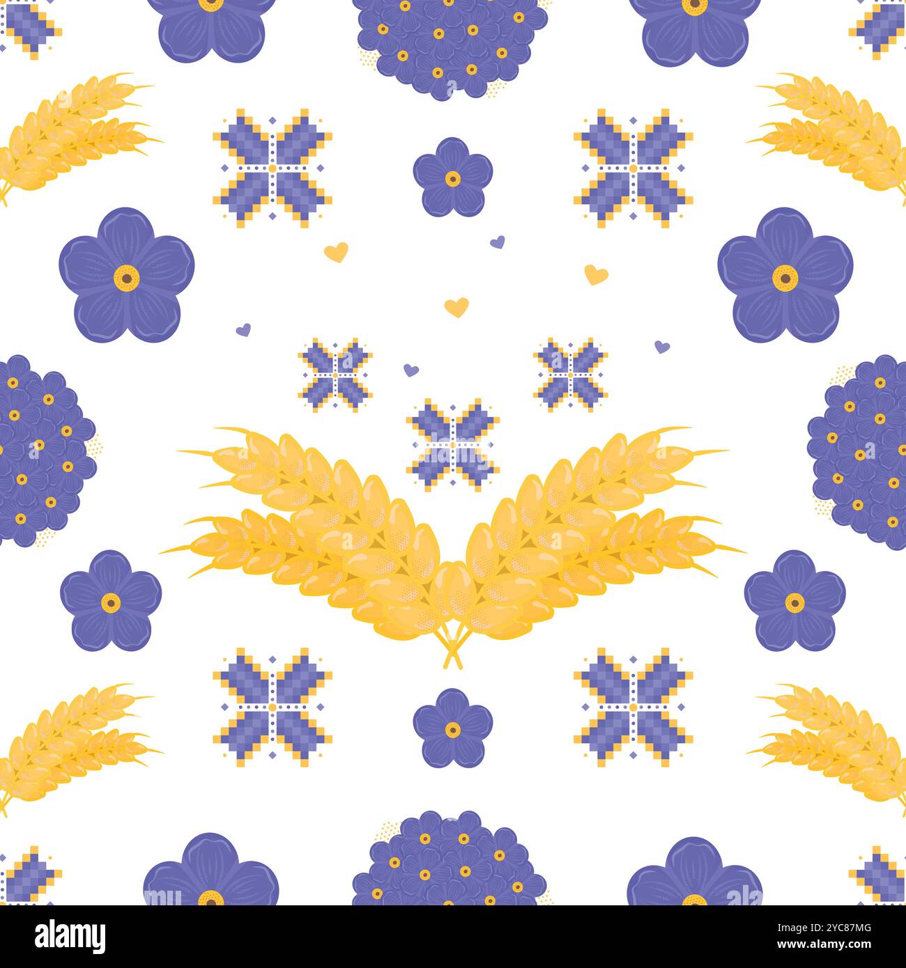 Nahtloses Muster im ukrainischen Stil, Vektorfarbe wiederholen Hintergrund. Blaue Blumen vergessen mich nicht, Stickereien und Weizenohren Stock Vektor