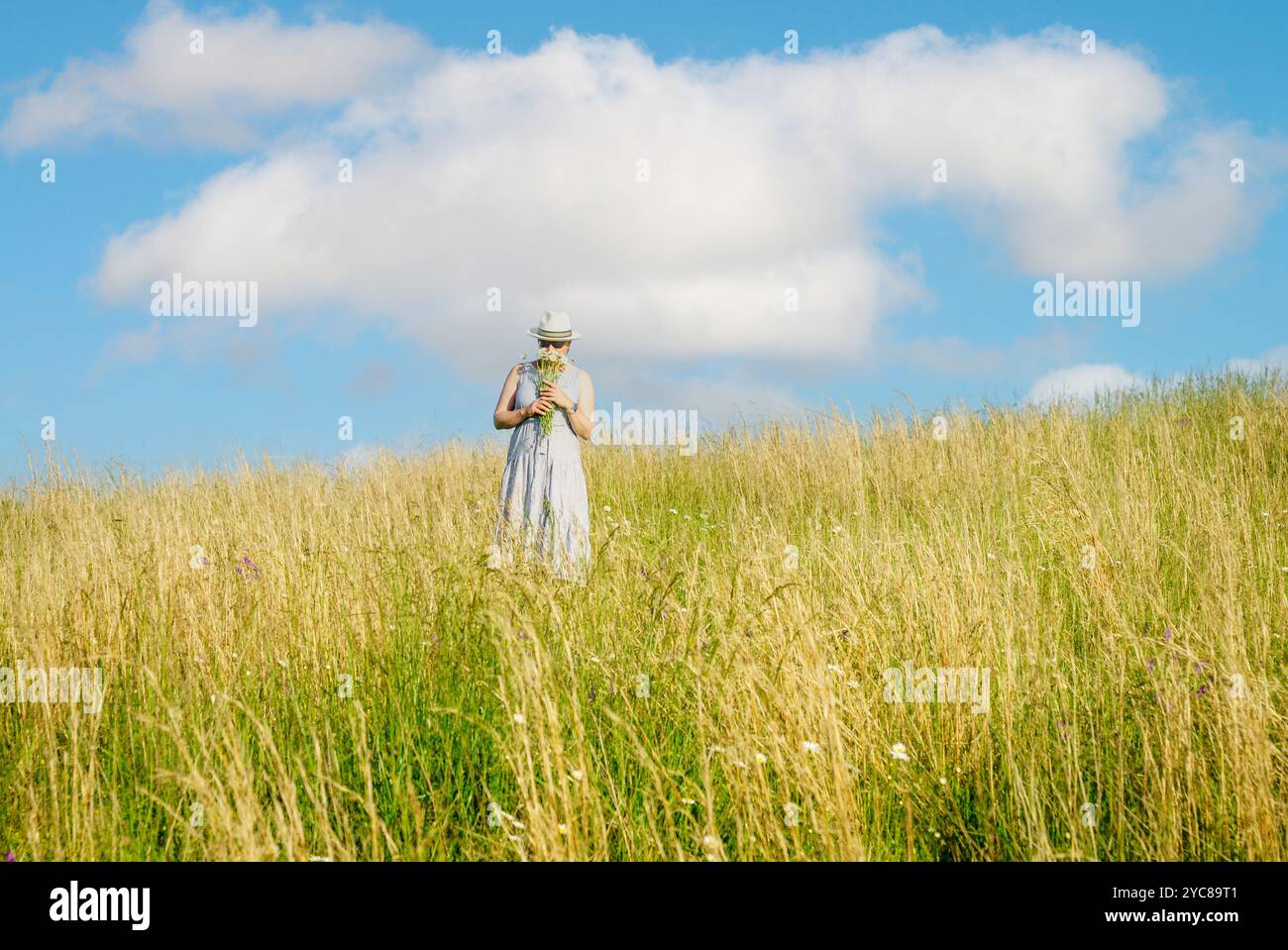 Glückliche reife Frau mit Wildblumen auf einem hohen Grasfeld an einem hellen Sommertag. Stockfoto