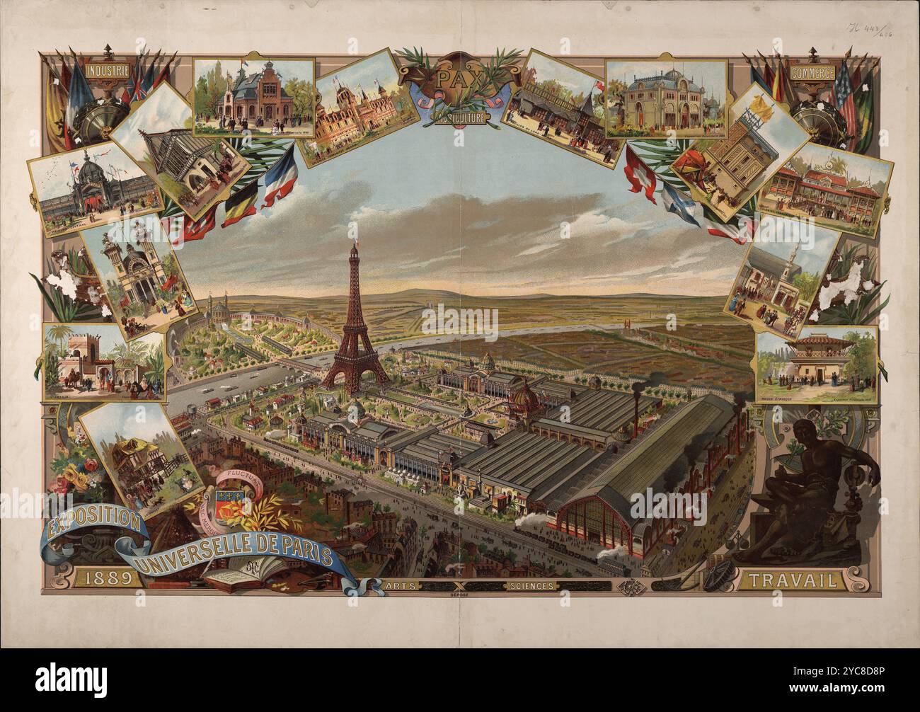 Ein Vintage-Poster, das die Weltausstellung in Paris mit dem Eiffelturm markiert. Stockfoto