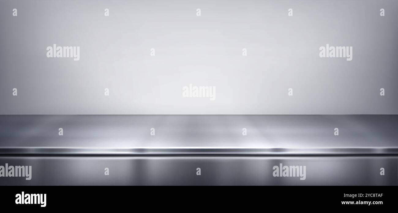 Glatte, graue, glänzende Oberfläche aus Metall mit weichen Reflexen und Schatten. Minimalistische realistische 3D-Vektor-Illustration der silbernen Stahl-Küchenarbeitsplatte oder rostfreien Schreibtischoberfläche in limbo-ähnlicher Einstellung. Stock Vektor
