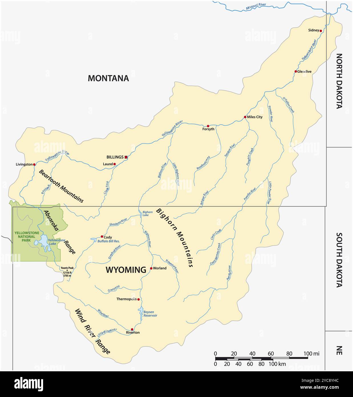 Vektorkarte des Yellowstone Riverbasins in Montana und Wyoming, USA, Nordamerika Stockfoto