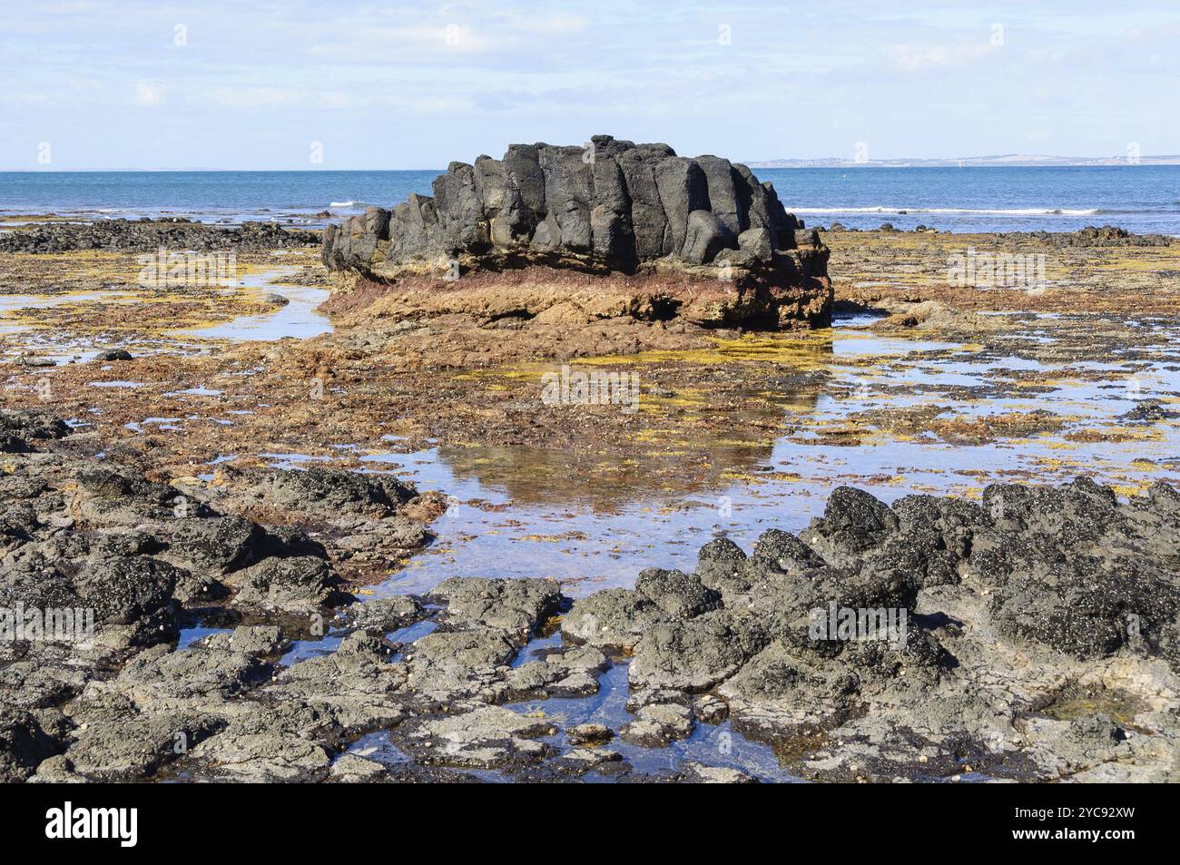 Vulkanische schwarze Felsen am Dodds Creak Beach, Flinders, Victoria, Australien, Ozeanien Stockfoto