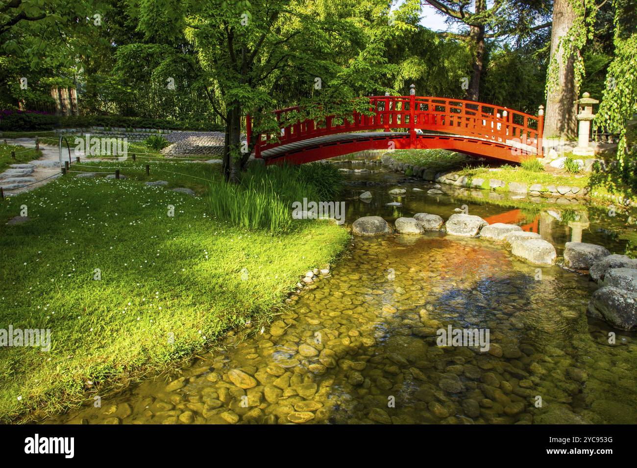 Fantastischer Blick auf den Sonnenuntergang auf der Red japanese Bridge, grünes Gras und schöne weiße Vergissmeinnots (Blumen) im Gras im japanischen Garten von Albert Kahn p Stockfoto