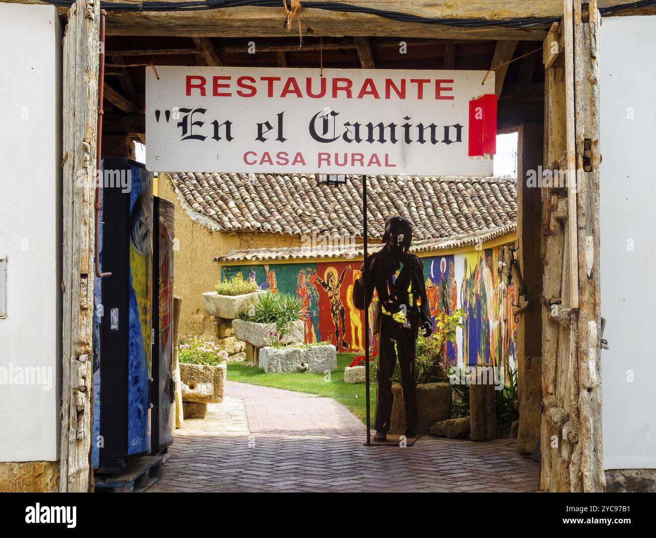 Willkommen in der Herberge und im Restaurant EN El Camino, Boadilla del Camino, Castile and Leon, Spanien, Europa Stockfoto