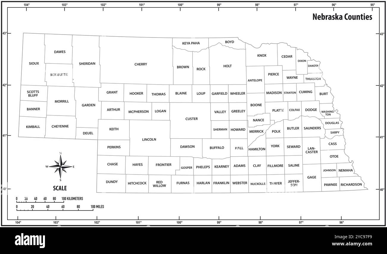 Nebraska State skizzieren administrative und politische Vektor-Karte in schwarz-weiß Stockfoto