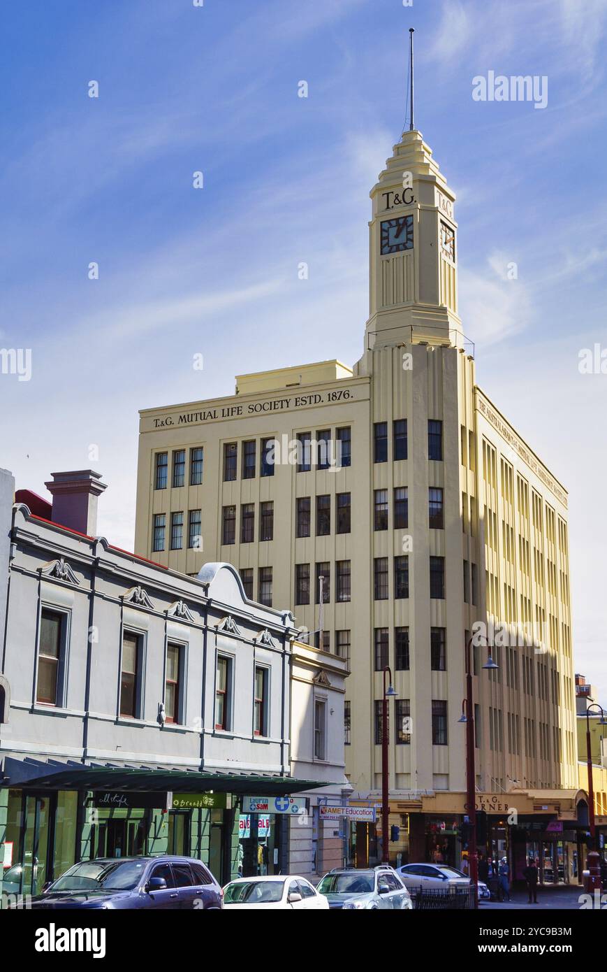 Das TG Building an der Ecke Collins Street und Murray Street ist ein schönes Beispiel für Art déco-Architektur der 1930er Jahre, Hobart, Tasmanien, Australi Stockfoto