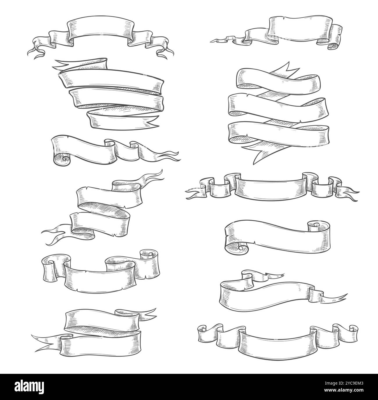 Bänder, Banner, Fahnen und alte Papierscroller Vektorskizzen. Vintage leeres wellenförmiges Band, königlicher Wimpel, Flagge und heraldischer Streamer, Pergamentrolle, Banner und antike handgezeichnete Skizzen Stock Vektor
