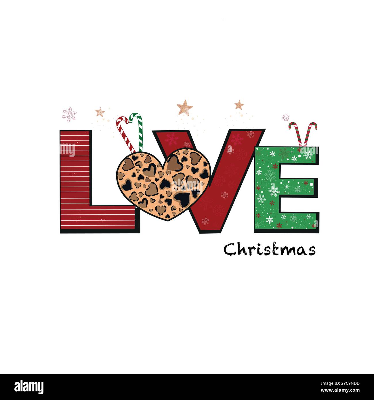 Liebe Weihnachten mit Leopardenherz und Süßigkeiten. Weihnachtsgrußkarten-Design Stock Vektor