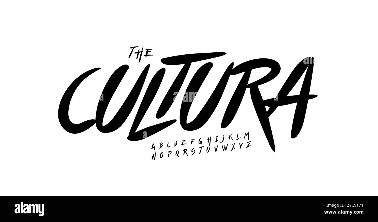 Ausdrucksstarke Pinselstriche, kräftige kursive Buchstaben, dynamische Streetwear-Schriftart mit klarem Pinselstiftstil. Urbane Schrift, trendige handgezeichnete Typografie Stock Vektor