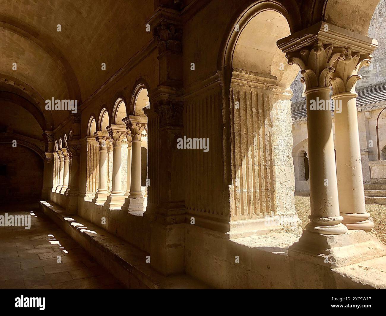 Blick auf die Bögen und Säulen in der Nähe eines Hofes in der berühmten französischen Abtei Montmajour in der berühmten Stadt Arles, Frankreich. Stockfoto