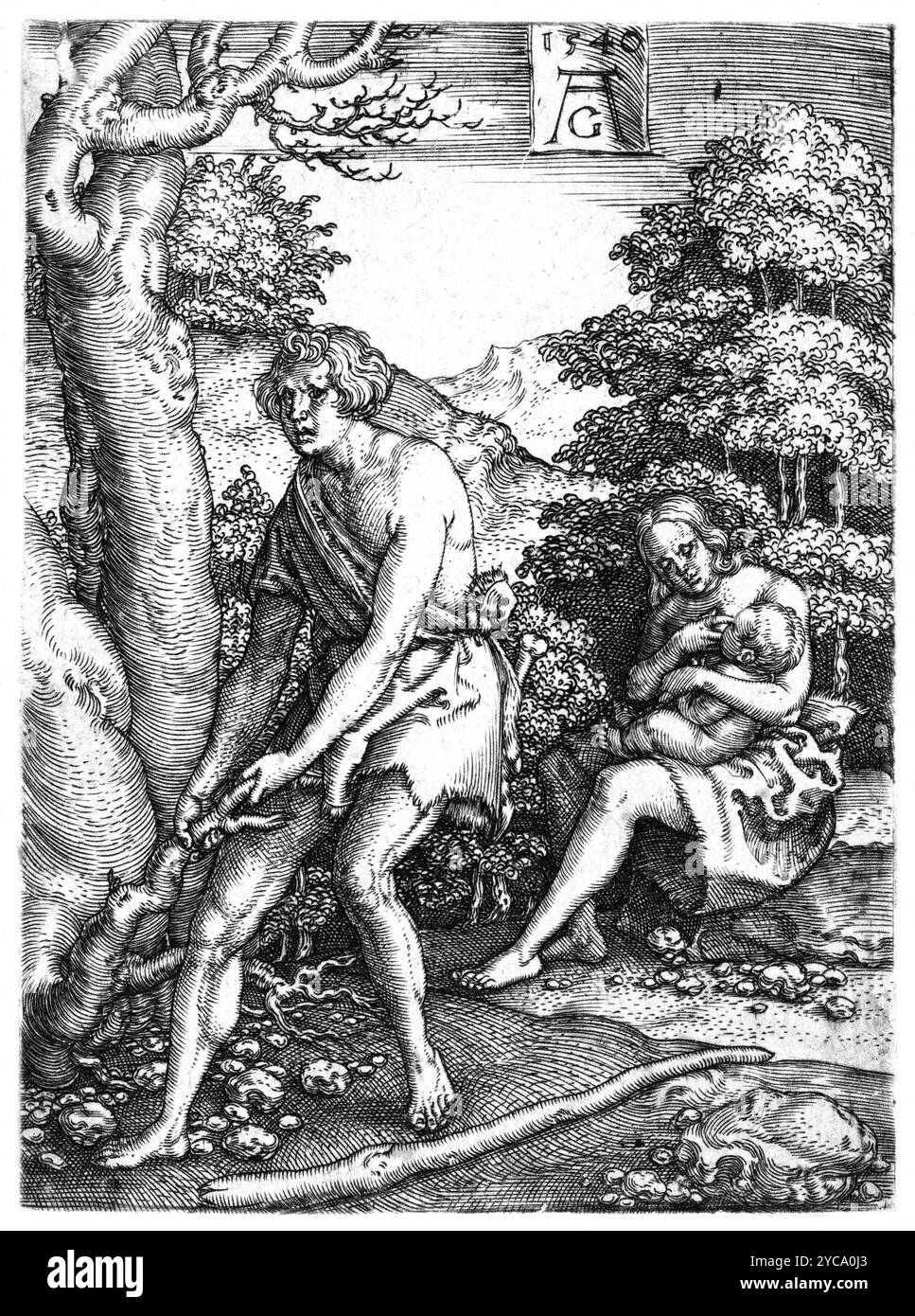 Adam und Eva bei der Arbeit, aus der Geschichte von Adam und Eva, 1540 - Heinrich Alentfver (1502–1561) - farbkorrigiert Stockfoto