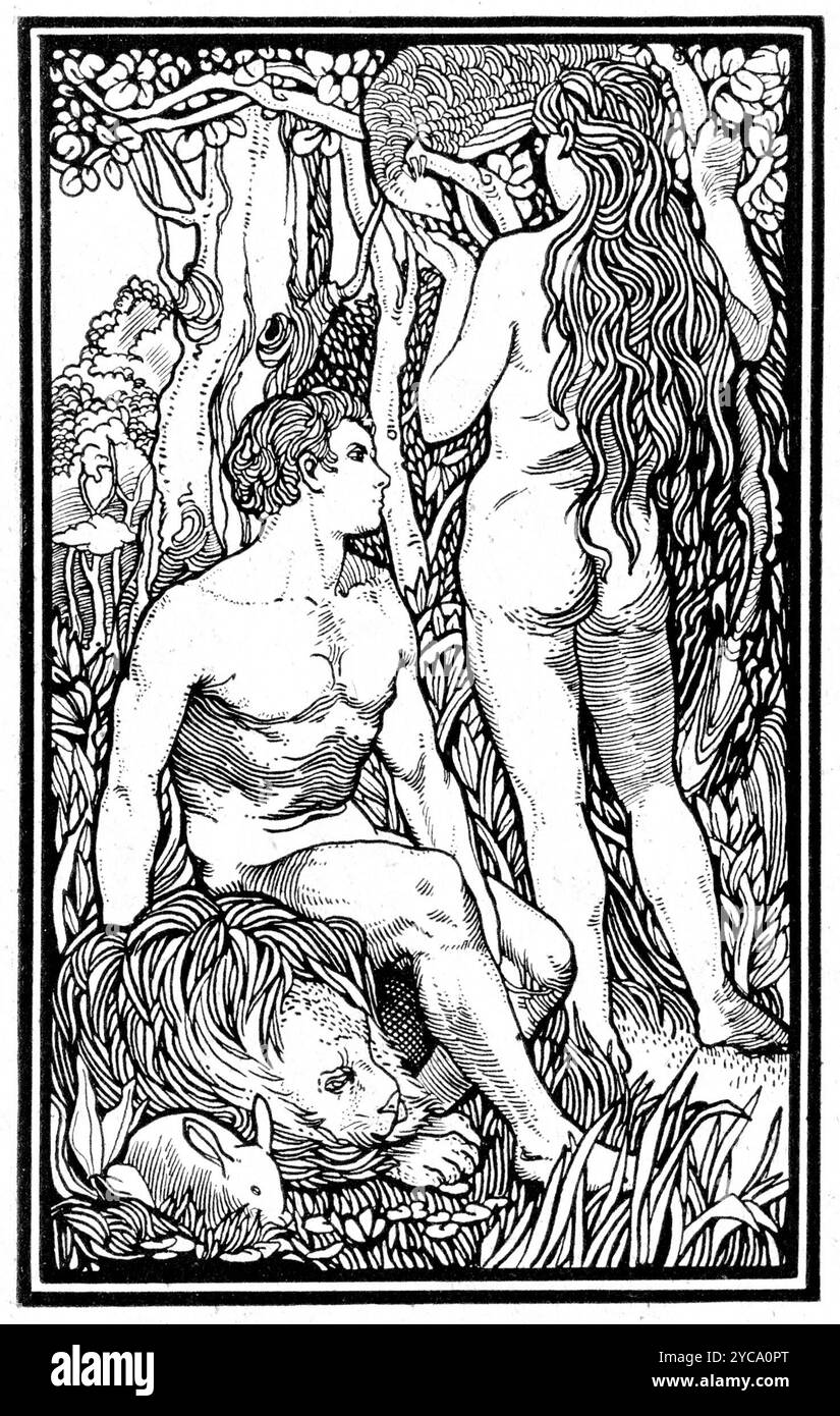 Adam und Eva im Paradies vor dem Herbst, 1898, Buchillustration, Vondels Luzifer, Seite 279 - gedruckt von Johannes Josephus Aartsuitgever - farbkorrigiert Stockfoto