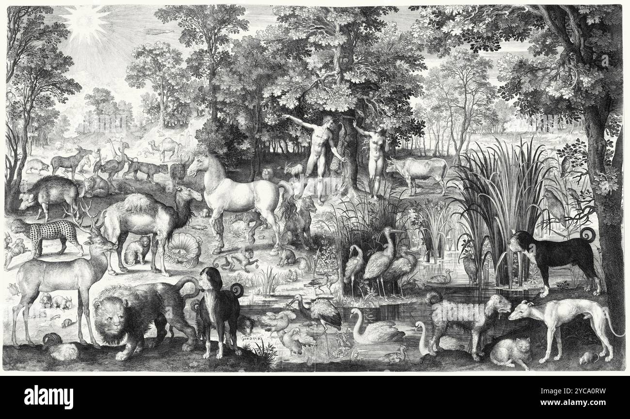 Adam und Eva im Paradies - Nicolaes de Bruyn 1631 (1571–1656) - farbkorrigiert Stockfoto