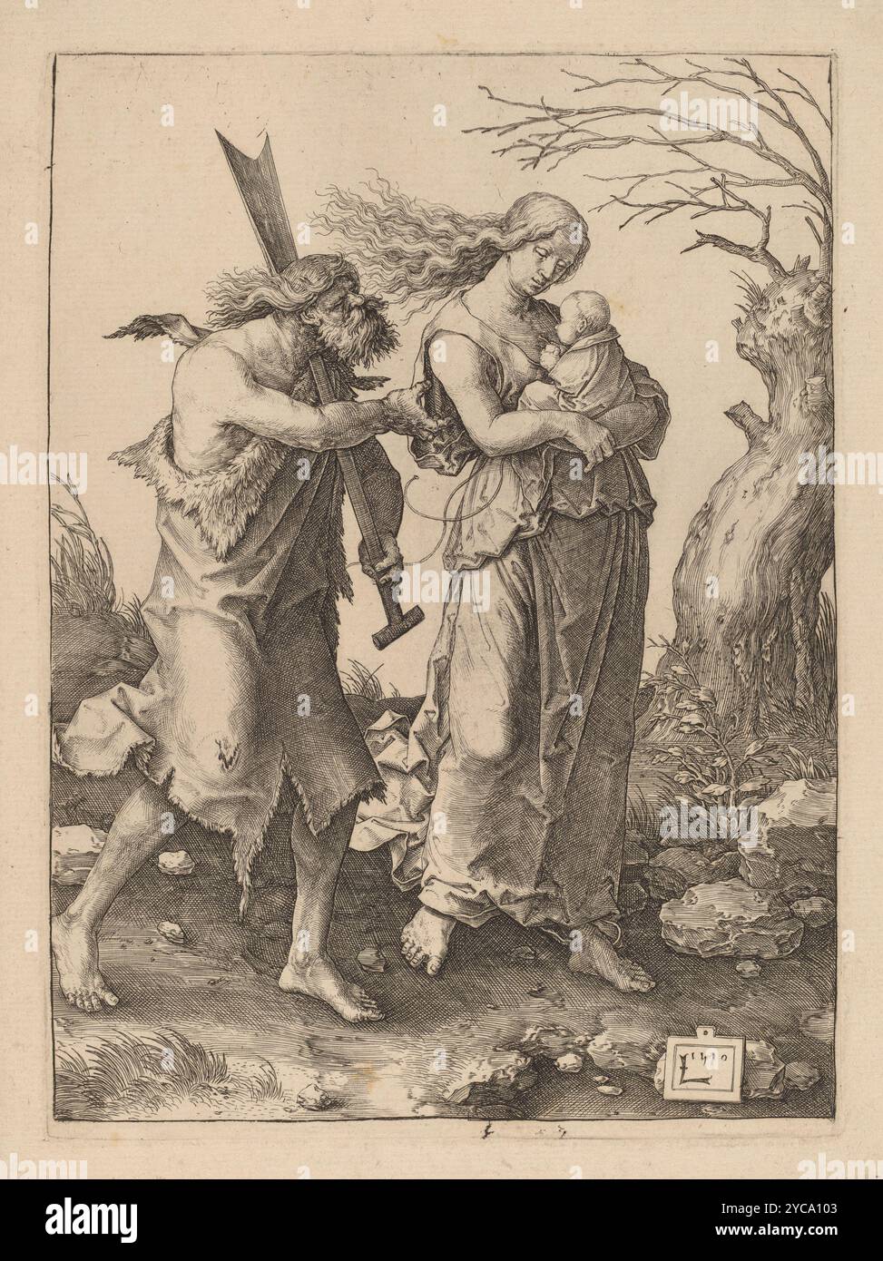 Stich von Lucas van Leyden, Adam und Eva nach ihrer Vertreibung aus dem Paradies, 1510 Stockfoto