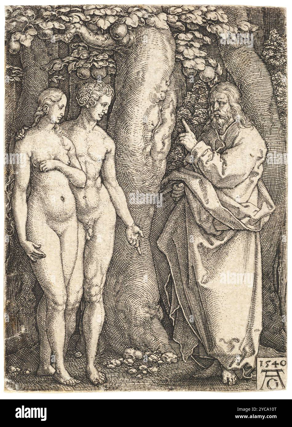 Gott verbietet Adam und Eva, vom Baum der Erkenntnis zu essen, aus der Geschichte von Adam und Eva 1540 - Heinrich Alentfver (1502–1561) Stockfoto