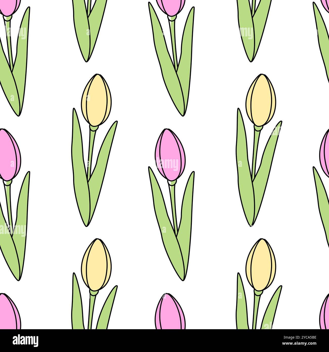 Farbenfrohes, handgezeichnetes Tulpenmuster in trendigem, sanftem Gelb und Rosa. Einfacher Frühling im Hintergrund. Isolierte Vektor Illustration Hintergrundbild, Verpackung oder Web, Karten, Poster, Banner, Preisschild, Etikett Stock Vektor