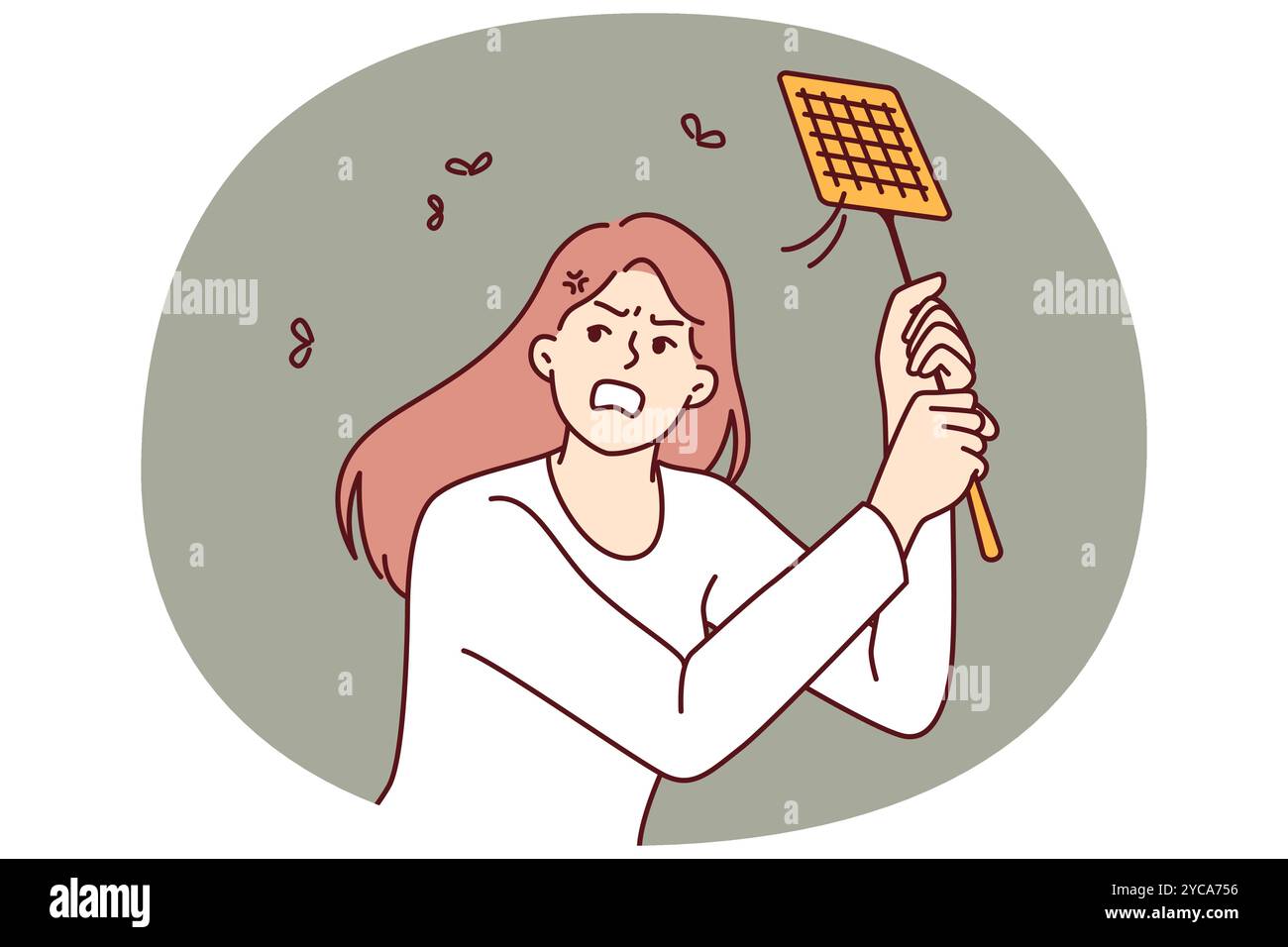 Eine wütende Frau tötet Mücken mit einer Klapperkeule, die sich durch Insekten gereizt fühlt, die den Schlaf in der Sommernacht stören. Ein Mädchen mit einer Klapperkeule ist genervt von Camaras und Maskiten und braucht einen elektrischen Begaser Stock Vektor