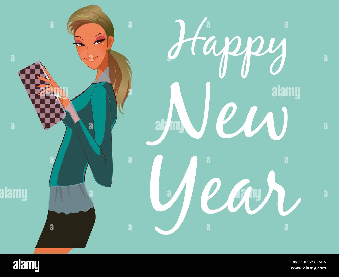 Die Frau hält eine Handtasche und lächelt. Die Worte „Happy New Year“ stehen unter ihr Stock Vektor