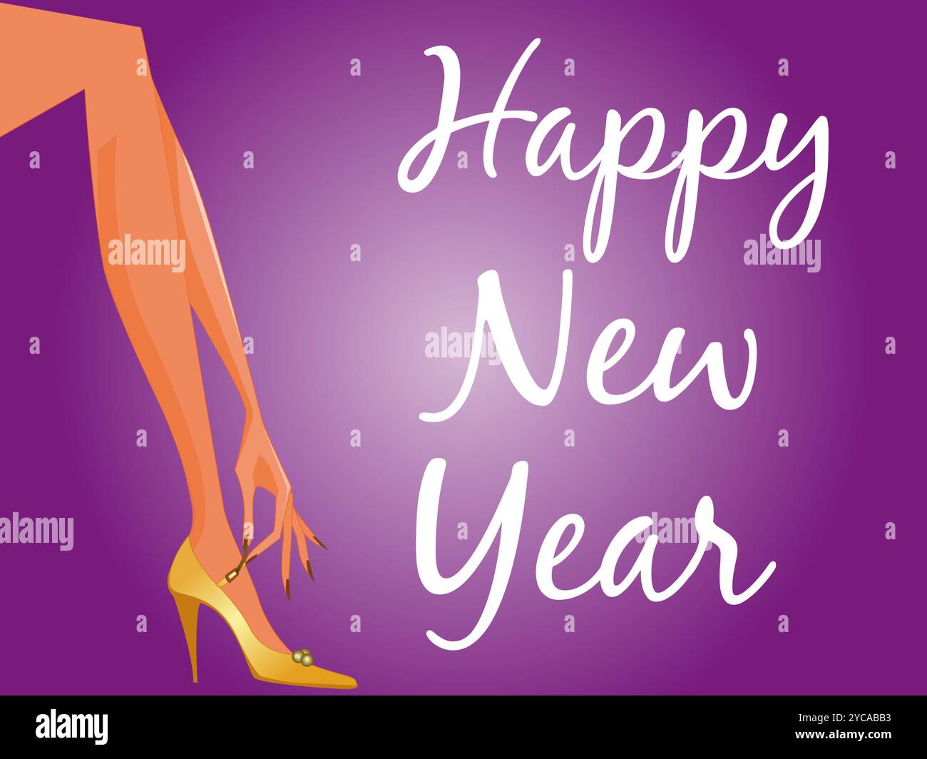 Die Beine der Frau sind auf einem violetten Hintergrund mit den Worten Happy New Year in weiß dargestellt Stock Vektor