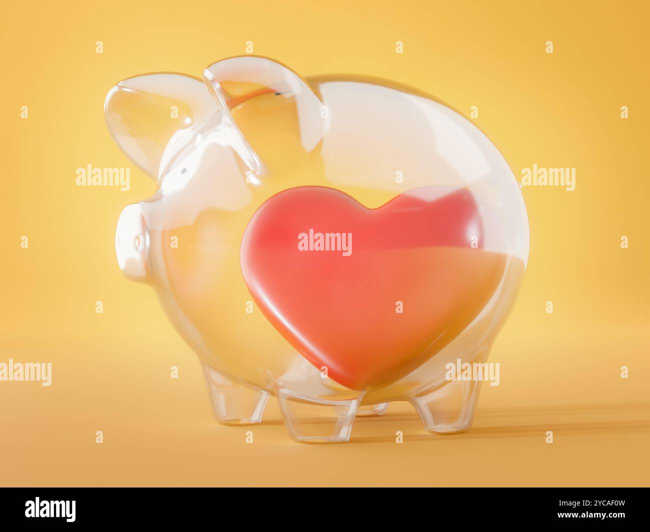 Eine klare Schweinebank mit einem roten Herz, das Liebe und Ersparnis symbolisiert, vor einem hellgelben Hintergrund. Steht für finanzielle Betreuung, Investitionen Stockfoto