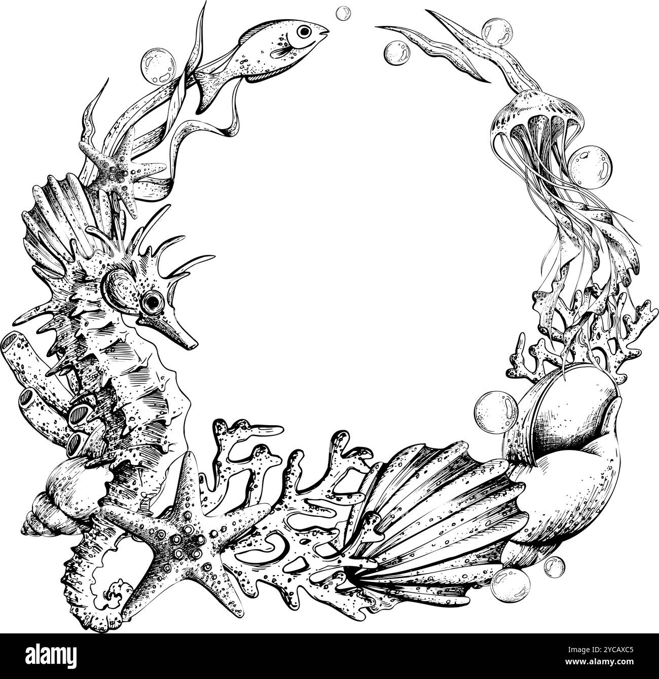 Seepferdchen mit Quallen, Fischen, Korallen, Algen, Muscheln, Korallen und Seesterne. Handgezeichnete grafische Illustration in schwarz-weißer Strichgrafik. Rahmen Stock Vektor