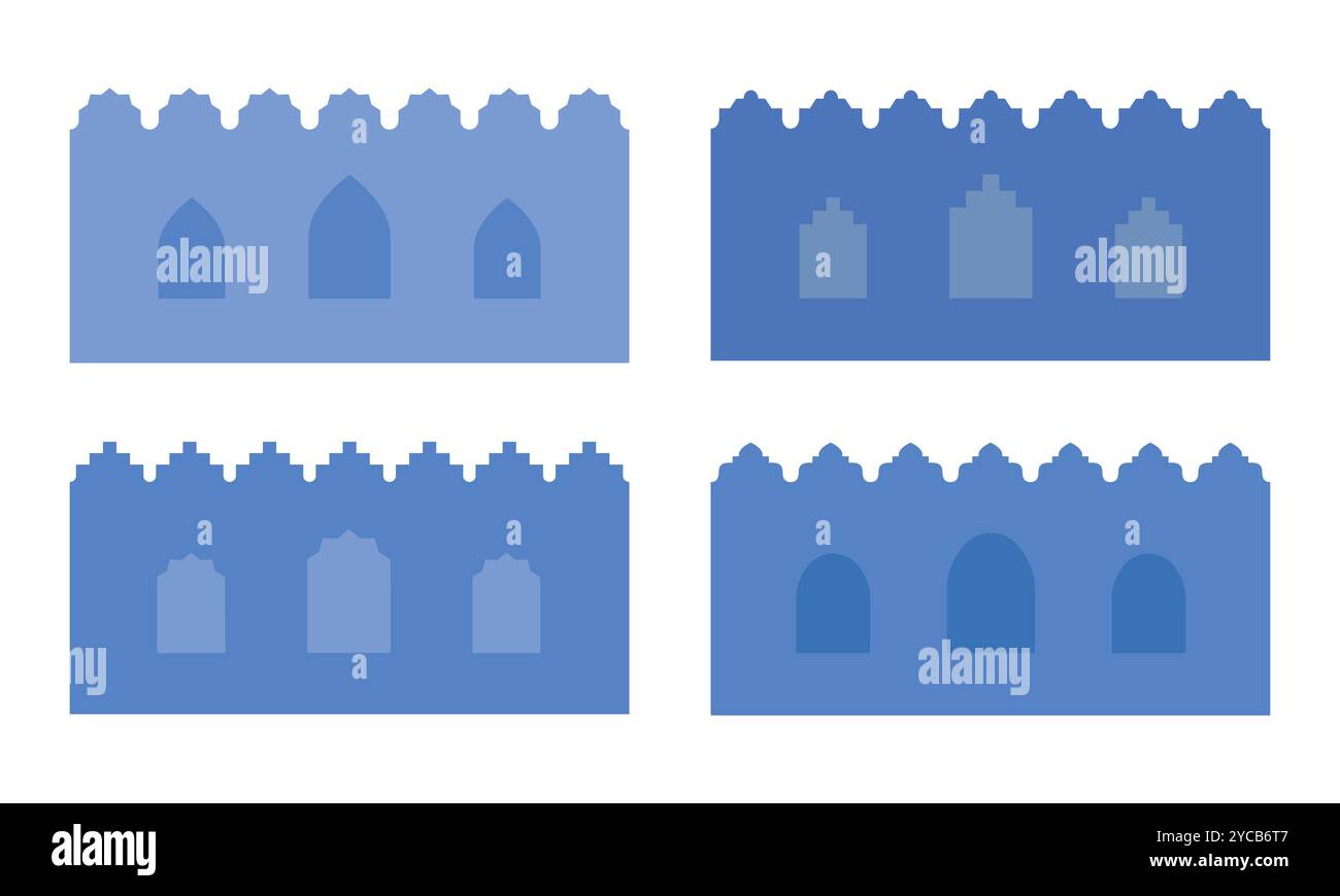 Abstrakte marokkanische saudische Medina-Wände. Östliches Gebäude, Hausfront. Traditioneller arabischer Bogen, Tür, Fenster, Tor. Vektorostorientalische Ästhetik Stock Vektor