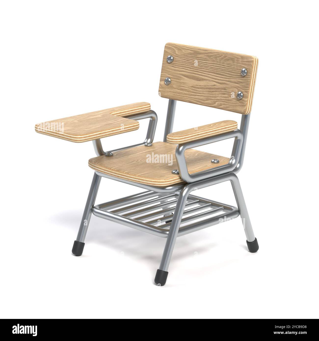 Schreibblock Studentenstuhl 3D-Rendering-Illustration isoliert auf weißem Hintergrund Stockfoto