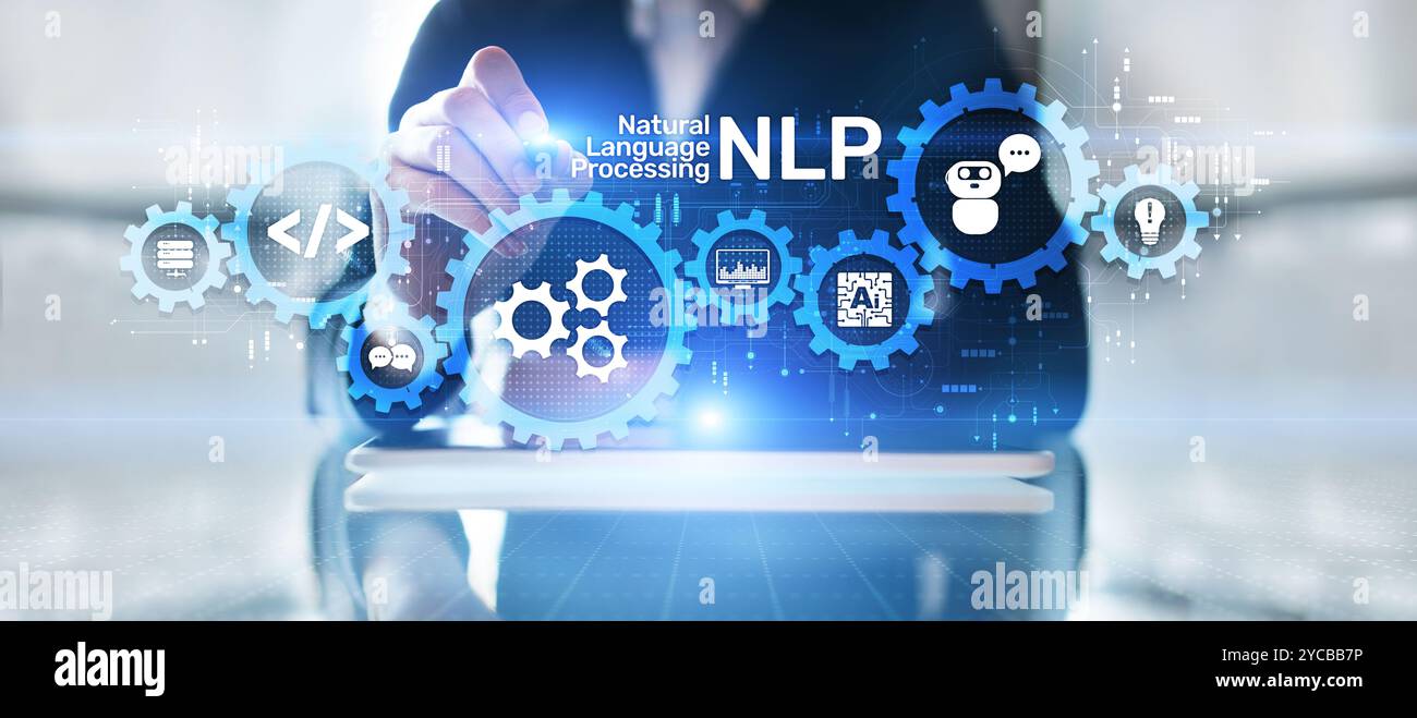 NLP Natural Language Processing Konzept. Neuronales Netzwerk der künstlichen Intelligenz. Stockfoto