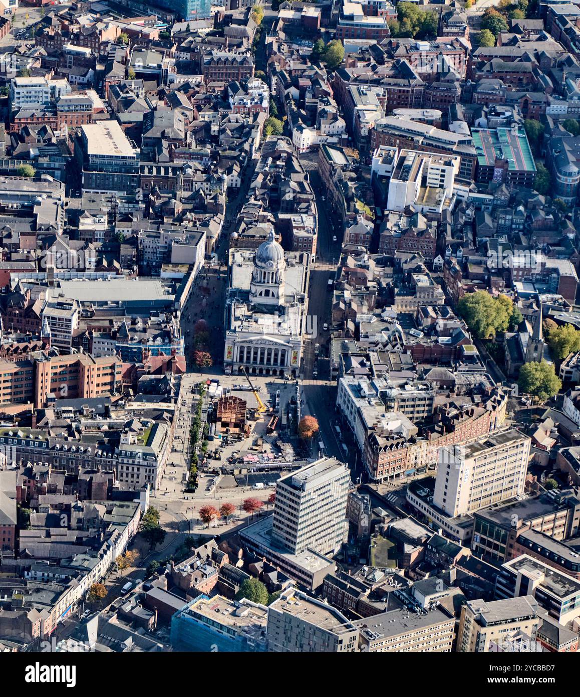 Eine Drohnenaufnahme von Nottingham City Centre, East Midland, England, Großbritannien Stockfoto