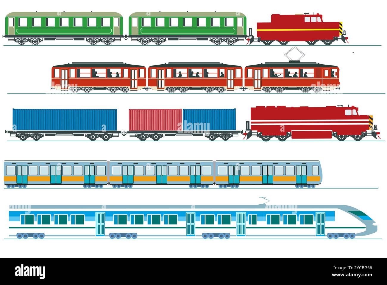 Personenzüge, U-Bahn, Hochgeschwindigkeitszüge und Straßenbahnen, Güterzug - Illustration Stockfoto