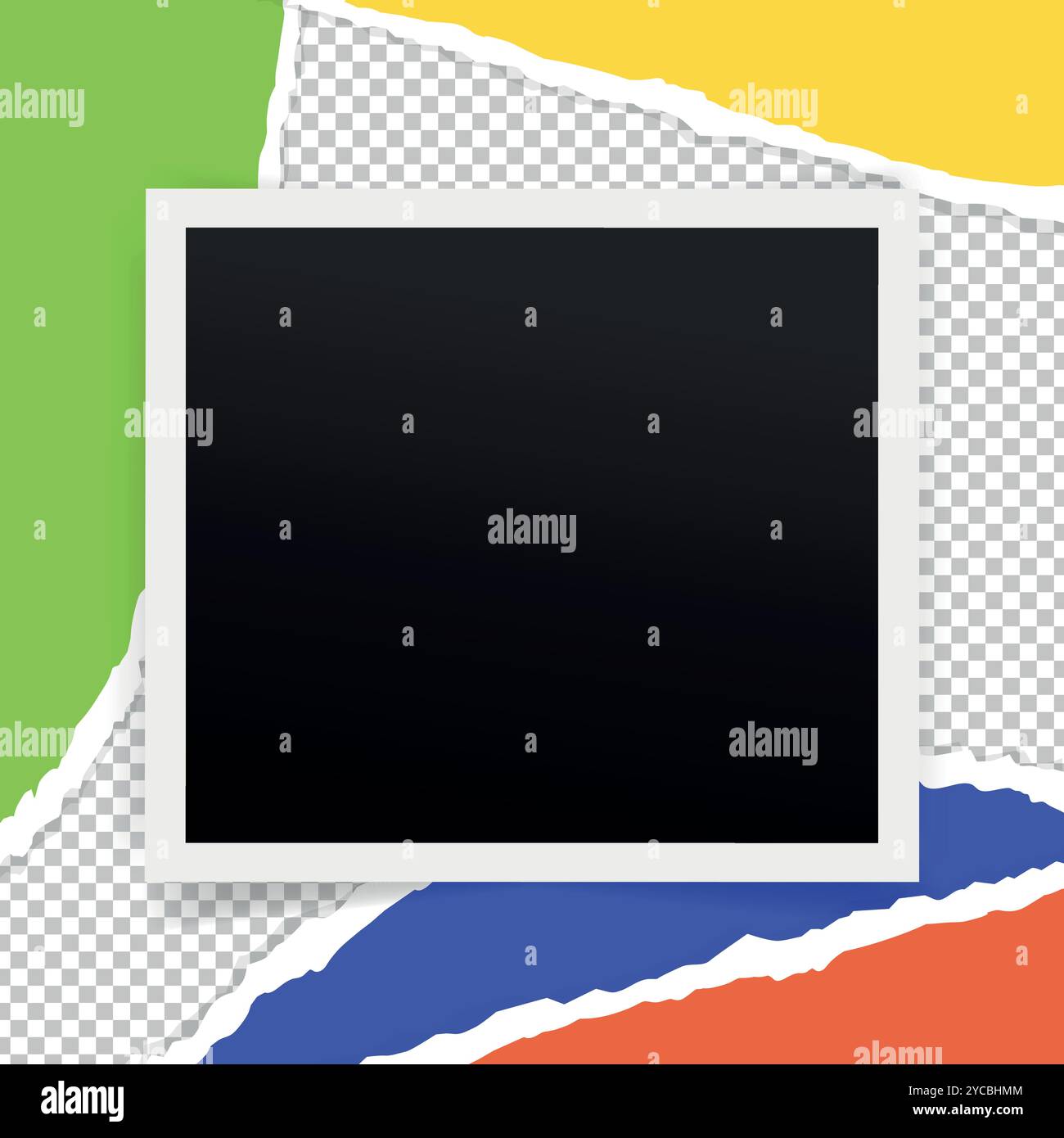 Fotodruck mit geschnittenem und zerrissenem Papier auf transparentem Hintergrund. Leeres Sofortbild. Vektorabbildung Stock Vektor