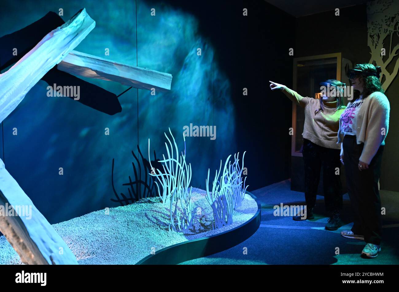 Visions of Nature ist ein neues Mixed-Reality-Erlebnis im Museum, das das Publikum 100 Jahre in die Zukunft versetzt, um zu sehen, wie die natürliche Welt auf die Aktionen reagiert hat, die wir heute ergreifen. Besucher werden in diesem immersiven Erlebnis, das in einer Partnerschaft zwischen dem Natural History Museum, Microsoft und SAOLA Studio erstellt wurde, hochmoderne Microsoft Mixed-Reality-Headsets von Microsoft tragen. Visions of Nature wird am Donnerstag, den 24. Oktober 2024 ... eröffnet Stockfoto
