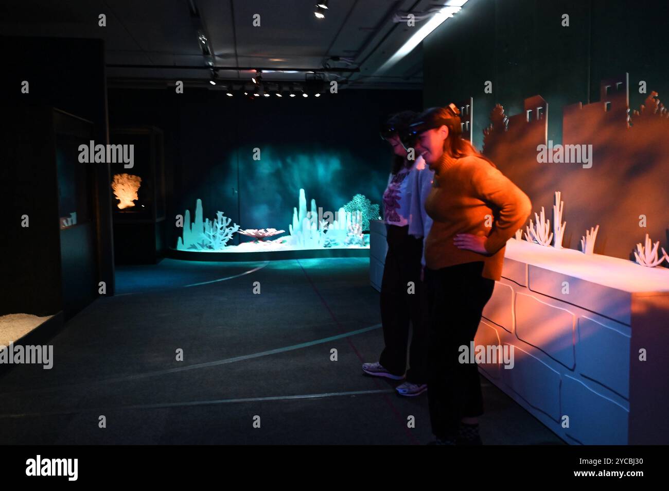 Visions of Nature ist ein neues Mixed-Reality-Erlebnis im Museum, das das Publikum 100 Jahre in die Zukunft versetzt, um zu sehen, wie die natürliche Welt auf die Aktionen reagiert hat, die wir heute ergreifen. Besucher werden in diesem immersiven Erlebnis, das in einer Partnerschaft zwischen dem Natural History Museum, Microsoft und SAOLA Studio erstellt wurde, hochmoderne Microsoft Mixed-Reality-Headsets von Microsoft tragen. Visions of Nature wird am Donnerstag, den 24. Oktober 2024 ... eröffnet Stockfoto