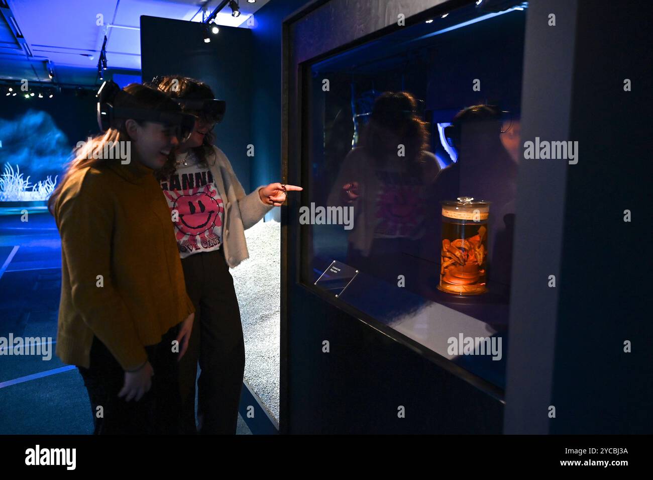 Visions of Nature ist ein neues Mixed-Reality-Erlebnis im Museum, das das Publikum 100 Jahre in die Zukunft versetzt, um zu sehen, wie die natürliche Welt auf die Aktionen reagiert hat, die wir heute ergreifen. Besucher werden in diesem immersiven Erlebnis, das in einer Partnerschaft zwischen dem Natural History Museum, Microsoft und SAOLA Studio erstellt wurde, hochmoderne Microsoft Mixed-Reality-Headsets von Microsoft tragen. Visions of Nature wird am Donnerstag, den 24. Oktober 2024 ... eröffnet Stockfoto