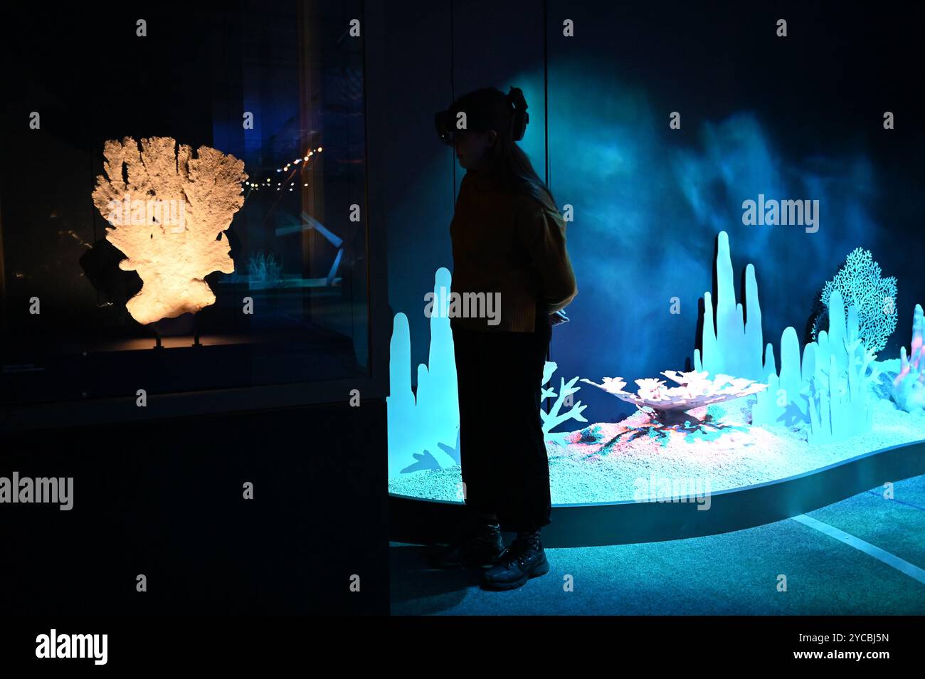 Visions of Nature ist ein neues Mixed-Reality-Erlebnis im Museum, das das Publikum 100 Jahre in die Zukunft versetzt, um zu sehen, wie die natürliche Welt auf die Aktionen reagiert hat, die wir heute ergreifen. Besucher werden in diesem immersiven Erlebnis, das in einer Partnerschaft zwischen dem Natural History Museum, Microsoft und SAOLA Studio erstellt wurde, hochmoderne Microsoft Mixed-Reality-Headsets von Microsoft tragen. Visions of Nature wird am Donnerstag, den 24. Oktober 2024 ... eröffnet Stockfoto