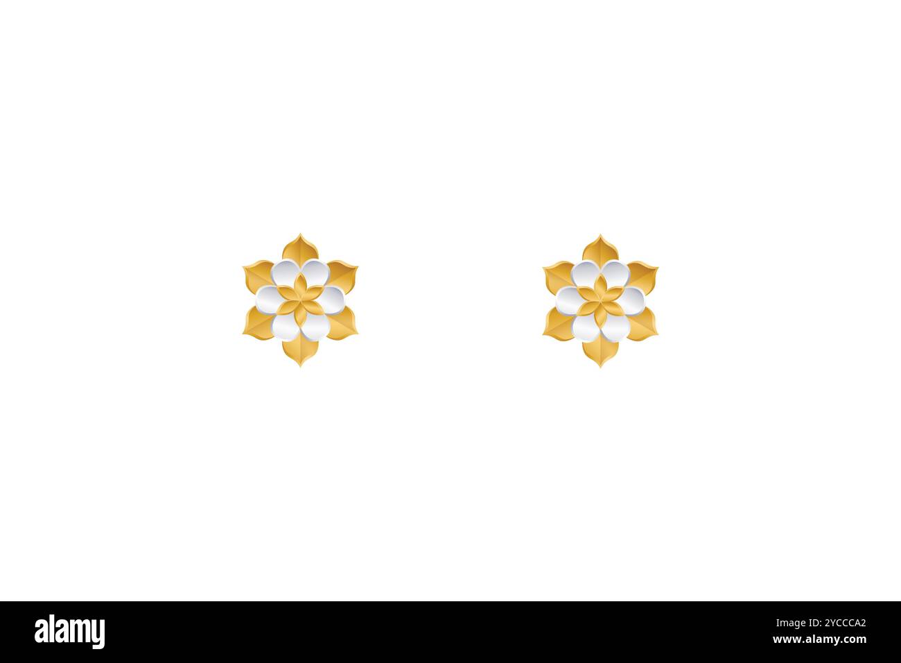 Zwei identische, stilisierte Blumenmotive mit goldenen und weißen Blüten, symmetrisch auf einem glatten weißen Hintergrund ausgerichtet. Stock Vektor