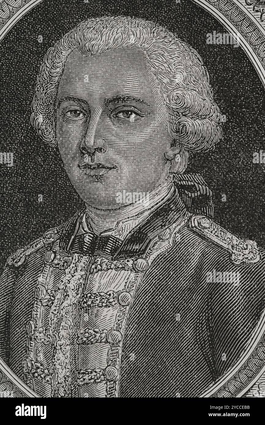 César Henri de La Luzerne (César Henri Guillaume de La Luzerne) (1737–1799), Graf von Beuzeville und Herr von Rilly und Chambon. Französischer Aristokrat, Offizier und Politiker. Generalgouverneur von Saint-Domingue (1786–1787), Ehrenmitglied der Académie royale des Sciences, Generalleutnant des armées, Gouverneur der Leeward-Inseln (1785–1787) und Secretary of State of the Navy (1787–1790) während der Regierungszeit von Louis XVI. Portrait. Stich von Pannemaker. "Geschichte der Französischen Revolution". Band I, 1876. Stockfoto