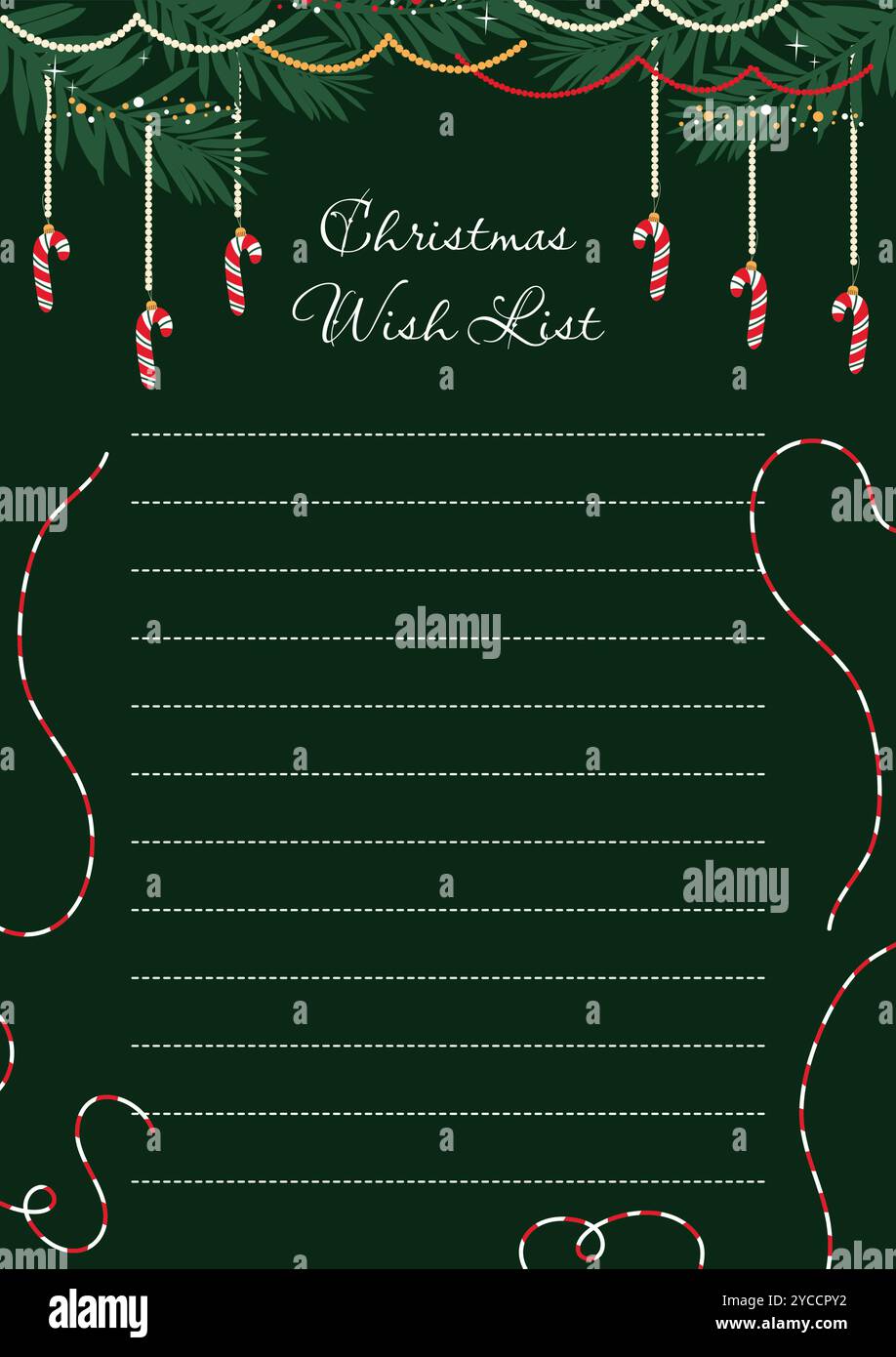 Elegante Vorlage für die Wunschliste zu Weihnachten. Handgezeichnetes Design auf dunkelgrünem Hintergrund. Vektorabbildung Stock Vektor