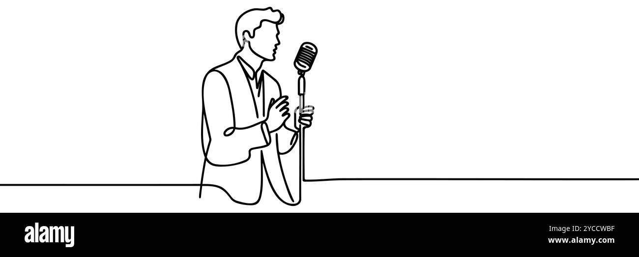 Eine durchgehende Linienzeichnung, in der ein junger Mann singt Stock Vektor