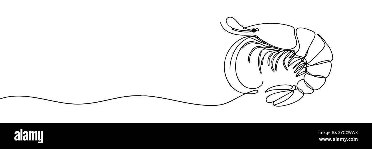 Frische Garnelen, einzeilige, kontinuierliche Zeichnung. Japanische Küche, traditionelles Essen durchgehende einzeilige Illustration. Lineare Vektordarstellung Stock Vektor
