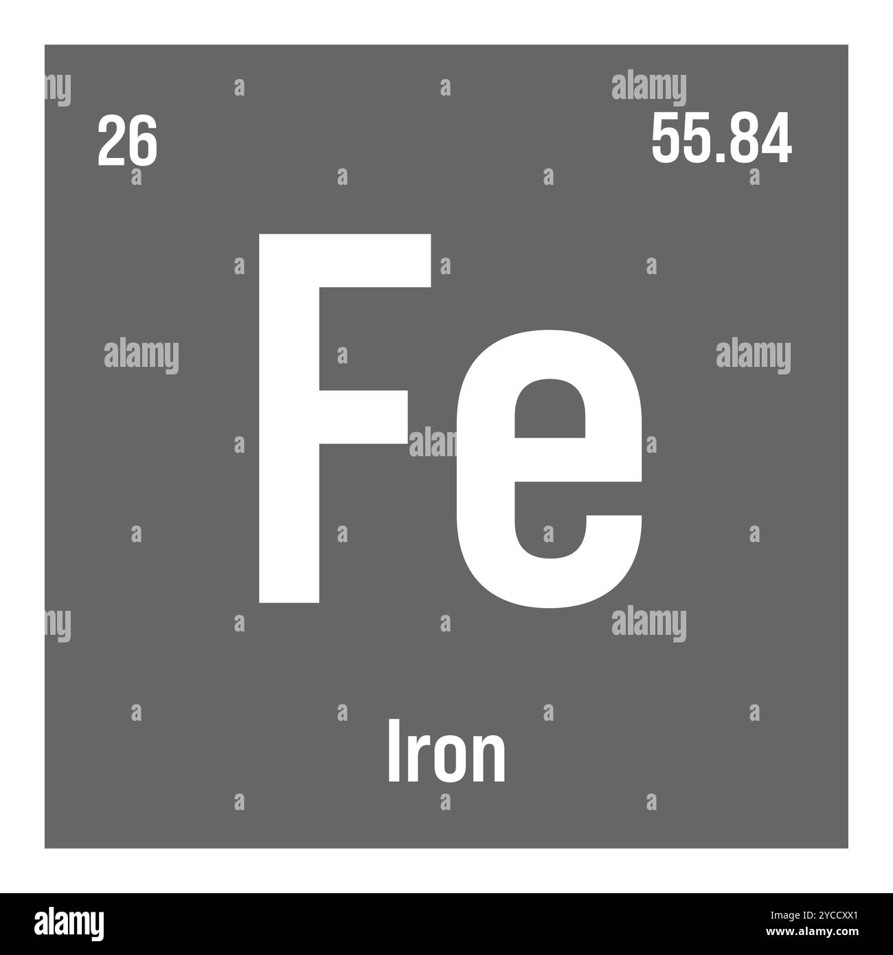 Eisen, Fe, Periodenelement mit Name, Symbol, Atomzahl und Gewicht. Übergangsmetall mit verschiedenen industriellen Verwendungszwecken, z. B. im Bau, im Transport und als Bestandteil von Stahl und Legierungen. Stock Vektor