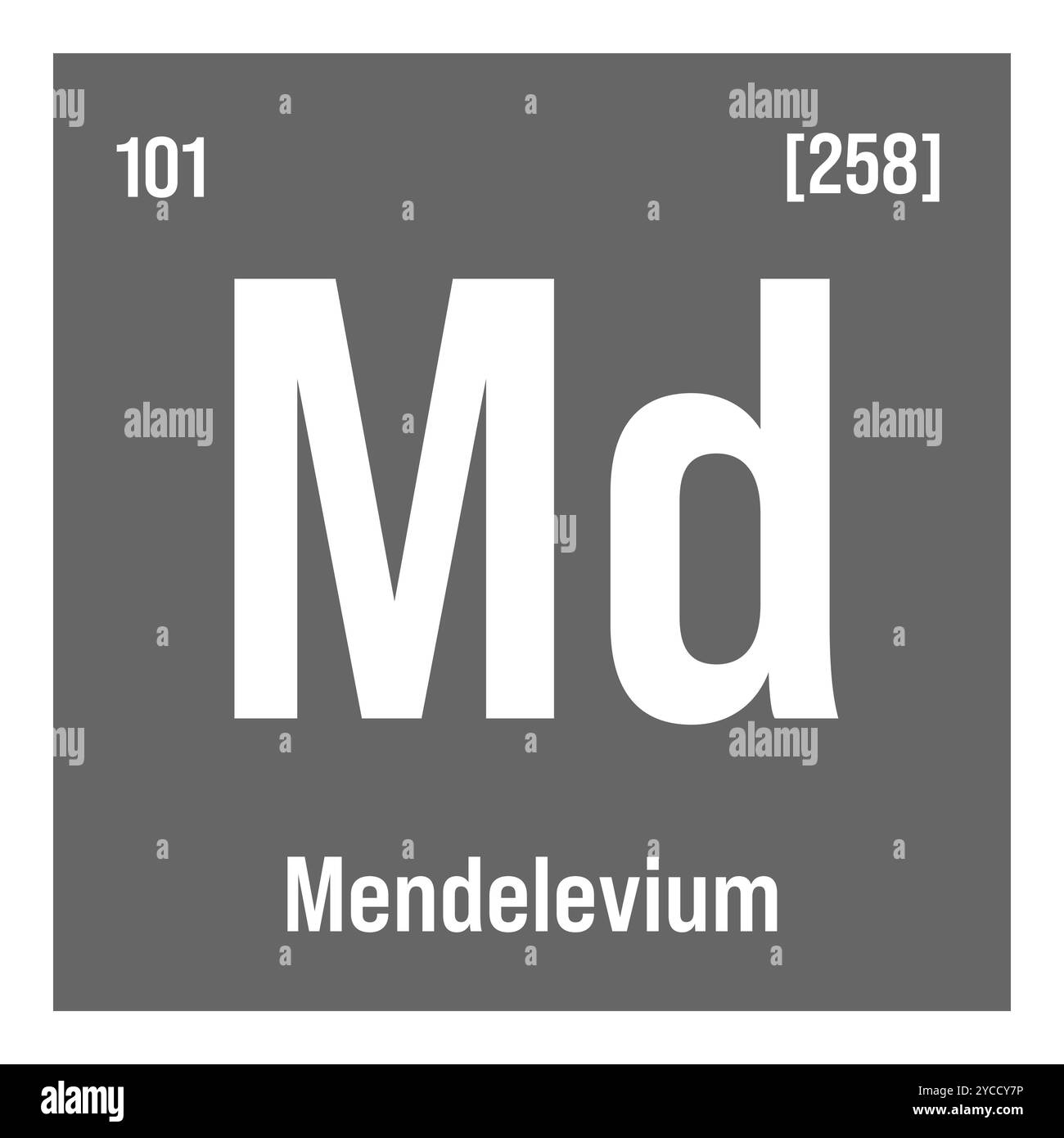 Mendelevium, MD, Periodenelement mit Name, Symbol, Atomzahl und Gewicht. Synthetisches radioaktives Element mit Einsatzmöglichkeiten in der wissenschaftlichen Forschung und der Kernenergie. Stock Vektor