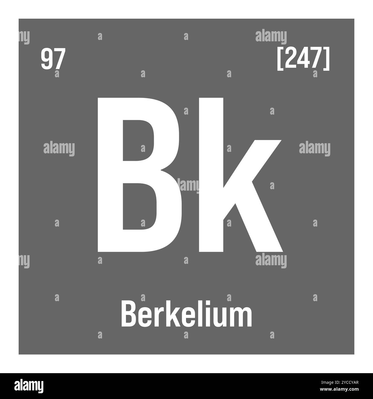 Berkelium, BK, Periodenelement mit Name, Symbol, Atomzahl und Gewicht. Synthetisches radioaktives Element mit Einsatzmöglichkeiten in der wissenschaftlichen Forschung und der Kernenergie. Stock Vektor