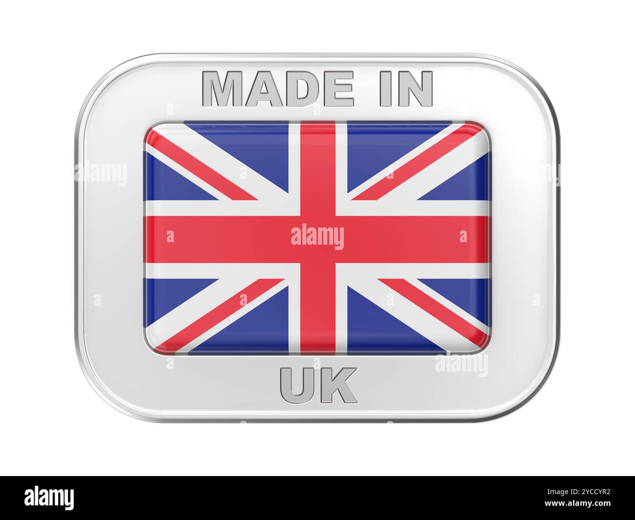 Hergestellt in Großbritannien, silbernes Abzeichen mit der Nationalflagge des Vereinigten Königreichs Stockfoto