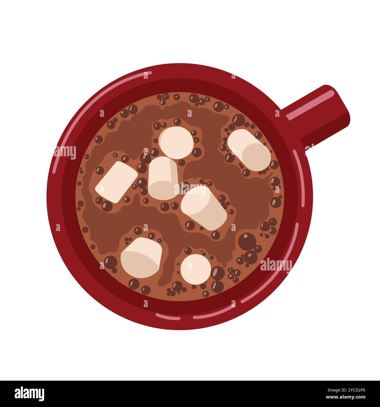 Rote Tasse mit heißer Schokolade und Marshmallows. Tasse mit aromatischem süßem Erwärmungsgetränk. Konzept von Wärme, Pflege und Gemütlichkeit. Vektordarstellung isoliert Stock Vektor
