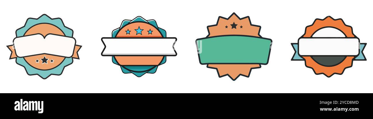 Vier leere Abzeichen mit Bändern warten auf Ihre Nachricht. Vektorabbildung. Stock Vektor