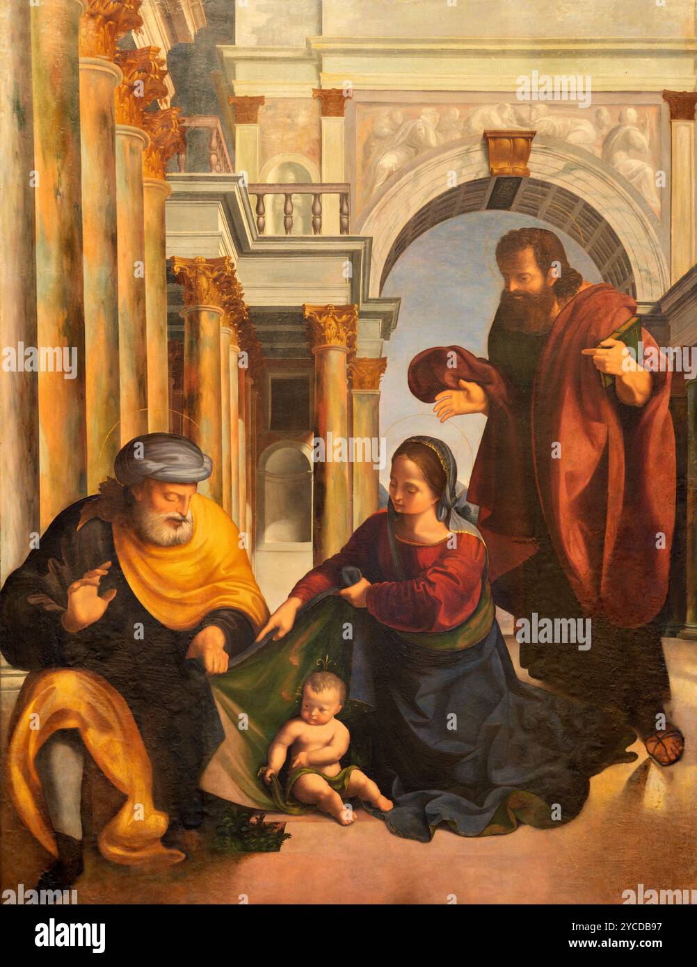 PAVIA, ITALIEN - 8. SEPTEMBER 2024: Das Renaissance-Gemälde des Heiligen Famili mit dem Heiligen Barnabas in der Kathedrale von Maestro St. Agnes Story Stockfoto