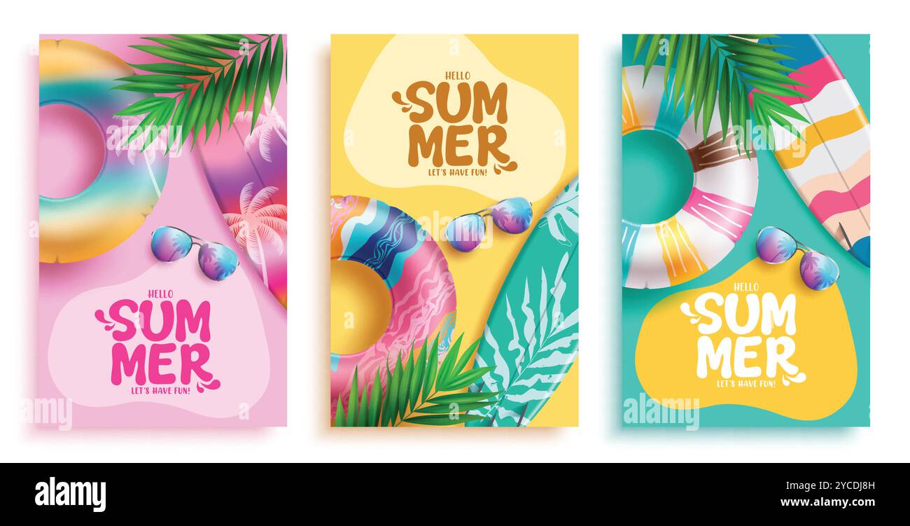 Hallo Sommer Vektor Poster Set Design. Sommer-Hallo-Grußtext mit farbenfrohen Floatern, Surfbrett und Sonnenbrillen Strandelemente für die tropische Jahreszeit Stock Vektor