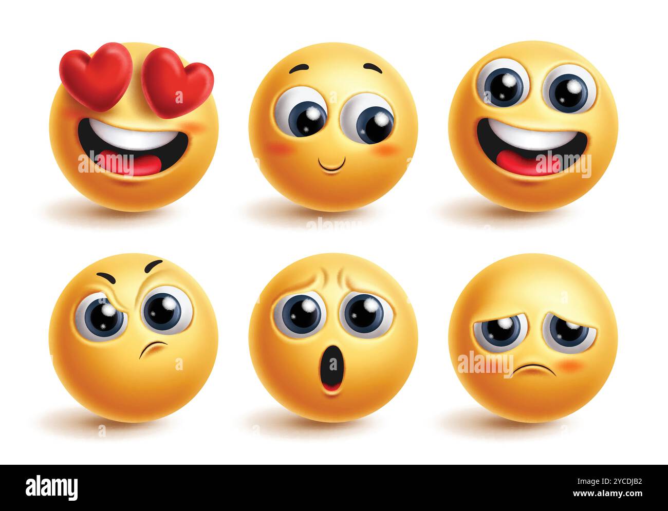 Emoji Emoticon niedliche Zeichen Vektor Set. Emoticons sind verliebt, rot, glücklich, verwirrt, enttäuscht und ängstlich für 3D Stock Vektor