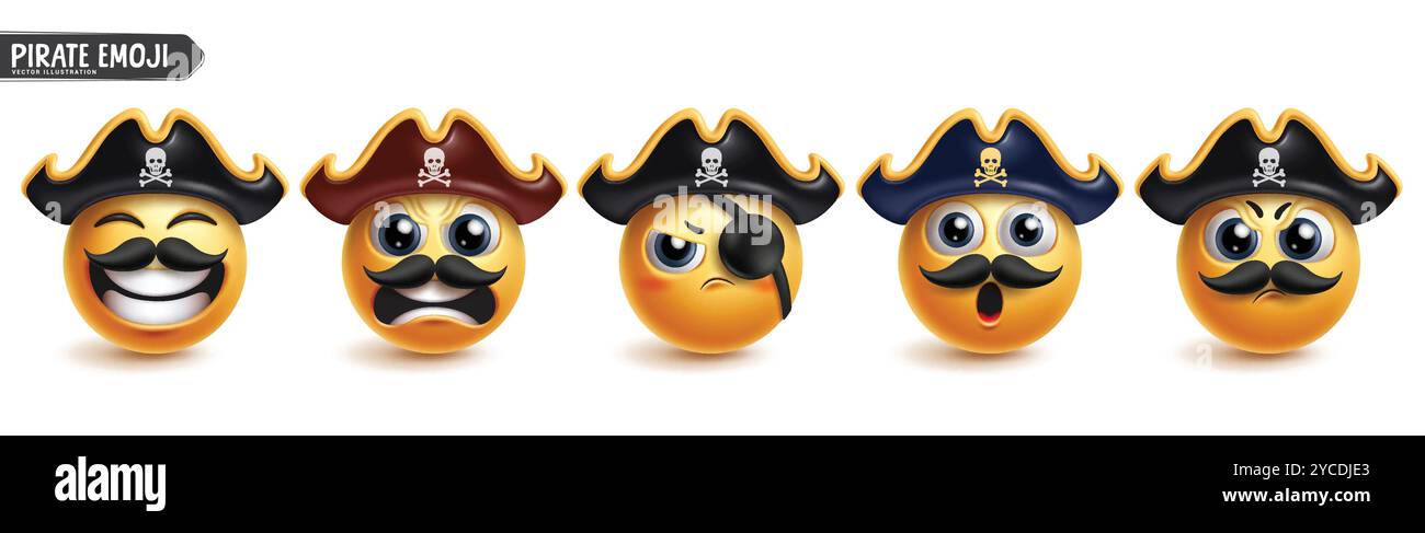 Pirate Emoji Charaktervektor Set. Emojis 3D-Charaktere in Piraten, Kapitäns und Matrosen in gelben runden Ikonen, die Patch und Hut tragen Stock Vektor